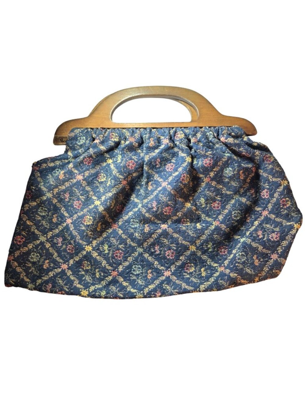Vtg Green Blue Handbag Purse Wooden Handle Floral Fairy Granny Boho Tote